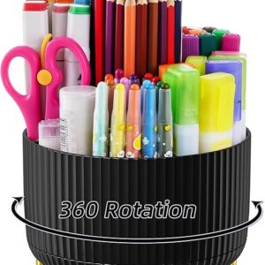 Marbrasse 360-Degree Rotating Pen Holder, Desk Organiser with 5 Compartments, Dark